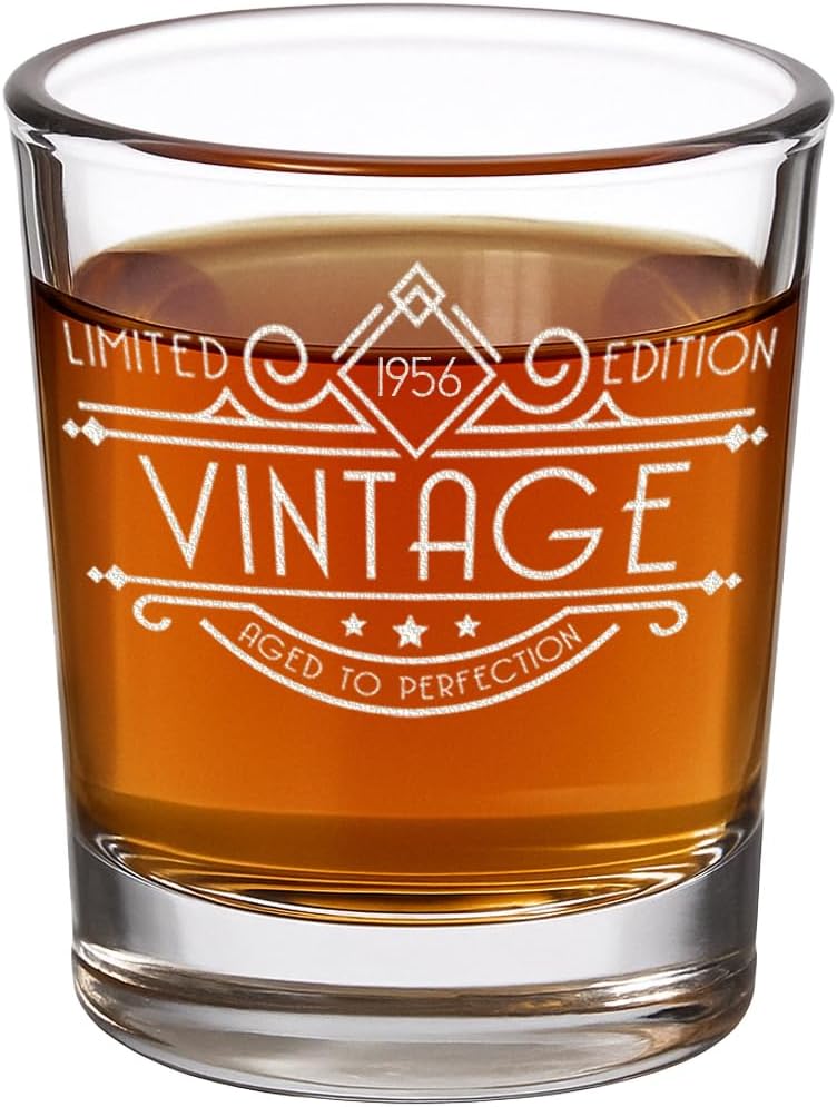 Spotted Dog Company Vintage 1956 Etched 2.5oz Shot Glass – Happy 70th Birthday Gifts for Men Women, Cheers to Turning 70 Year Old Decorations Decor, 70th Bday Party Favors Supplies, 1.0