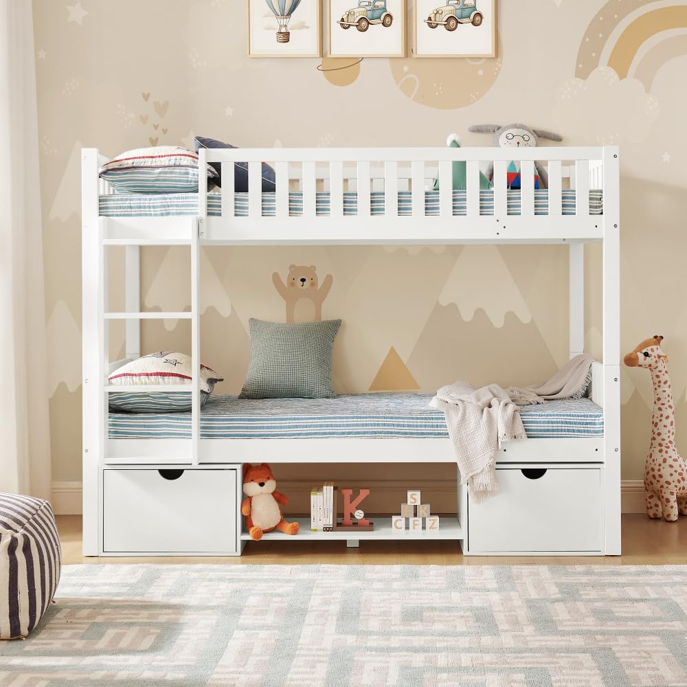 Cama infantil de madera de pino maciza, 90 x 200 cm, cama doble desmontable con barandillas de seguridad, cajones y escalera, utilizable como 2 camas individuales