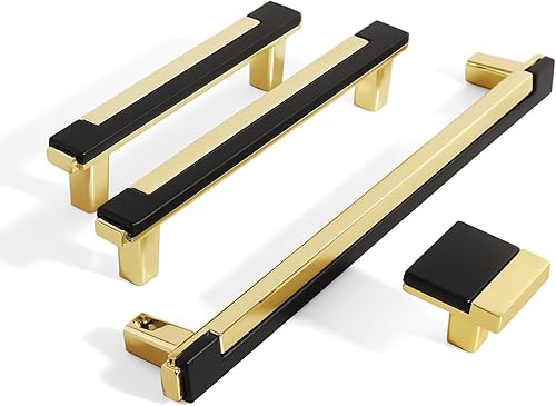 Miniatura 3 de Kcmwsy Paquete de 5 tiradores de gabinete en negro mate y dorado brillante, manijas de gabinete de cocina de aleación de zinc, tiradores cuadrados
