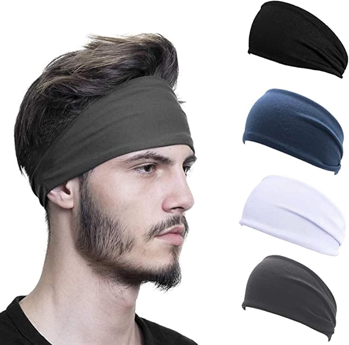 SJ Aamze 4 Pcs Headbands for Men & Women,Sport Workout Sweat Bands Headbands for Fitness,Running,Cycling,Travel, Moisture Wicking, Elastic Stretch(4 Color)