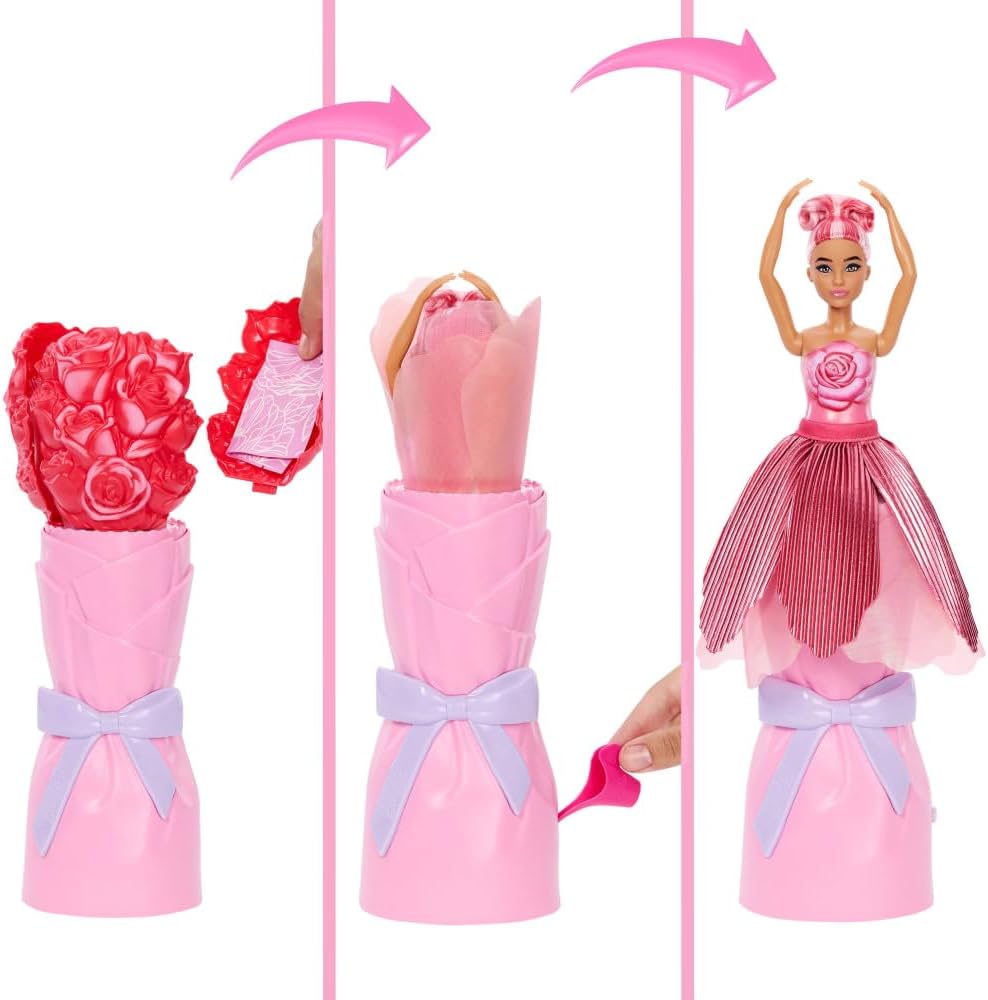 barbie petal pop scented doll with rose dress & accessories, bouquet reveal with pet bunny & surprises like watering can, necklace & earrings???