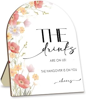 The Drinks Are On Us Wooden Sign with Stand, Pink Floral Bridal Shower Sign, Bridal Shower Welcome Sign, Bar Decoration Supplies, Wedding Decor Supplies, Party Supplies