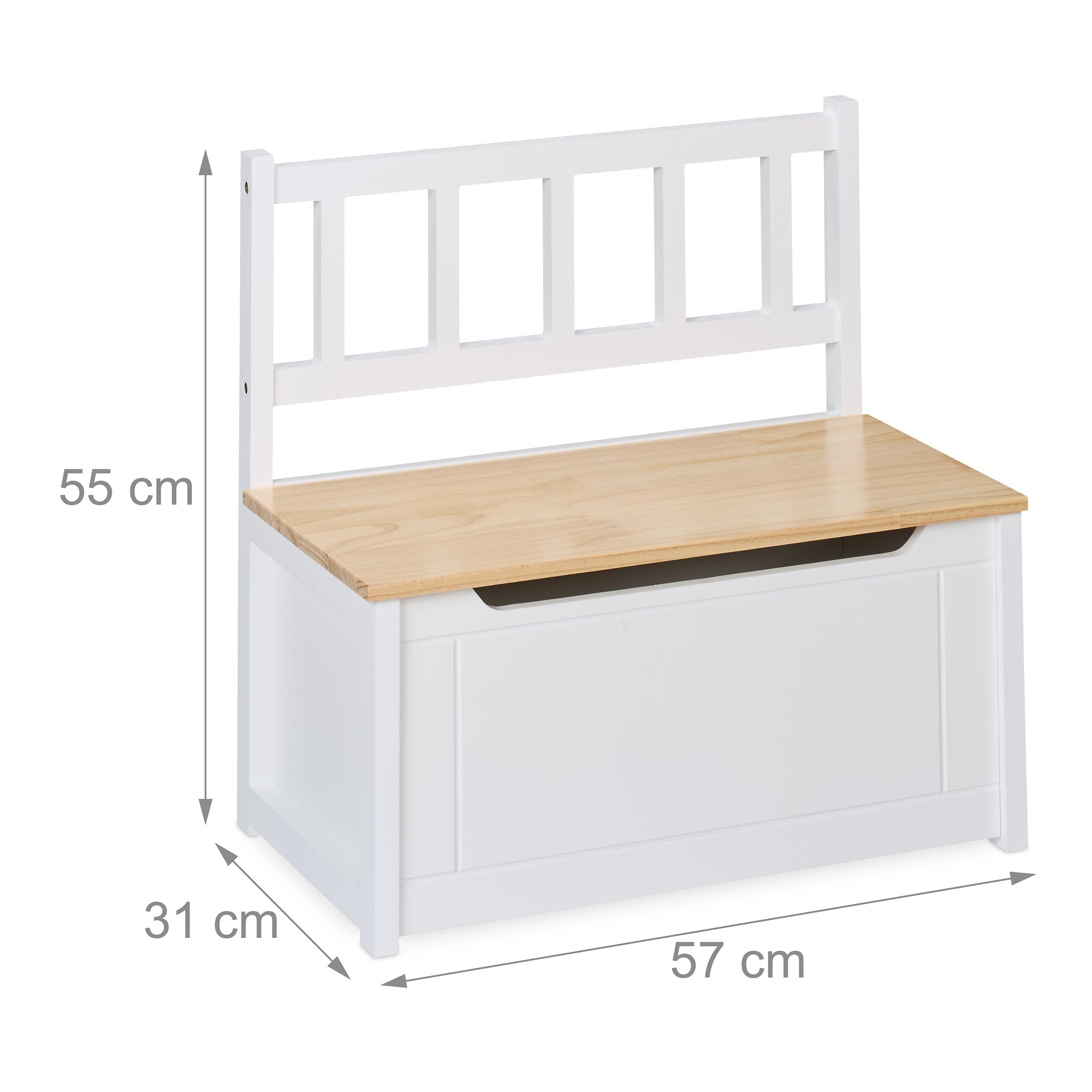 Relaxdays Panca Contenitore per Bambini, Cassapanca Portagiochi da Cameretta, HLP: 55x57x31 cm, in Legno, Bianco Marrone