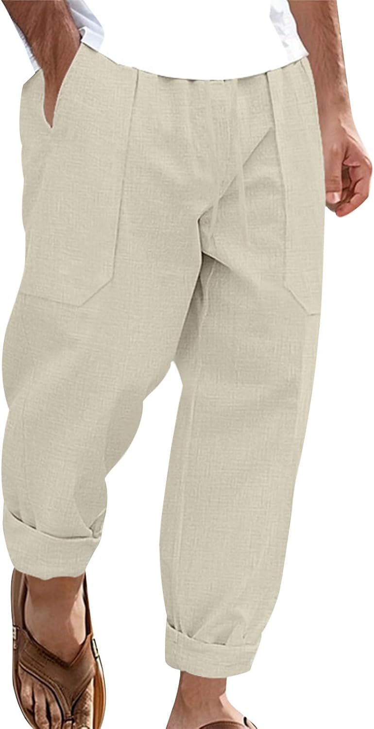 Linen Pants Men Summer Lightweight Casual Relaxed Fit Elastic Waist Yoga Travel Vacation Beach Pants with Pockets