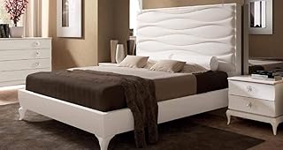 Dafne Italian Design Letto Matrimoniale in Pelle Bianco Ghiaccio, c/giroletto Bianco Effetto Onda, 152X215X188 - per Rete 160x190, 90 kg Struttura in Legno di Abete e Multistrato di pioppo