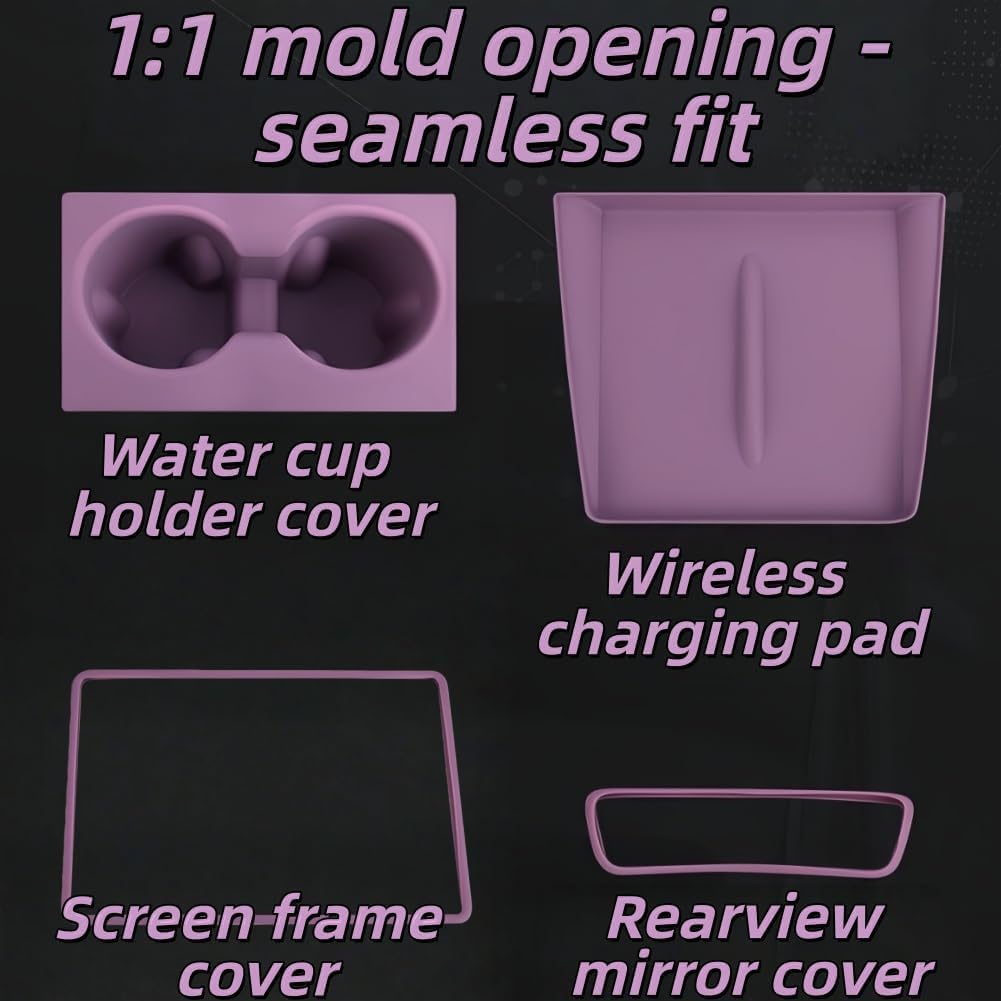 7PCS Silicone Accessories Kit for Tesla Center Console Mats Cup Holder Insert Screen Edge Protector Frame Mirror Frame Protectors (Plum Purple Model Y Juniper/3 Highland Universal)