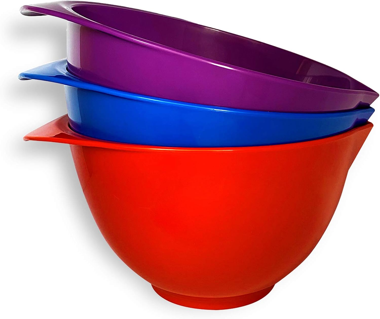 Cuenco para mezclar con boquilla y asa, juego de 3 unidades, rojo, azul, morado, juego de cuencos de colores hermosos, compacto, apilable y diseño ergonómico, fabricado con orgullo en el Reino Unido