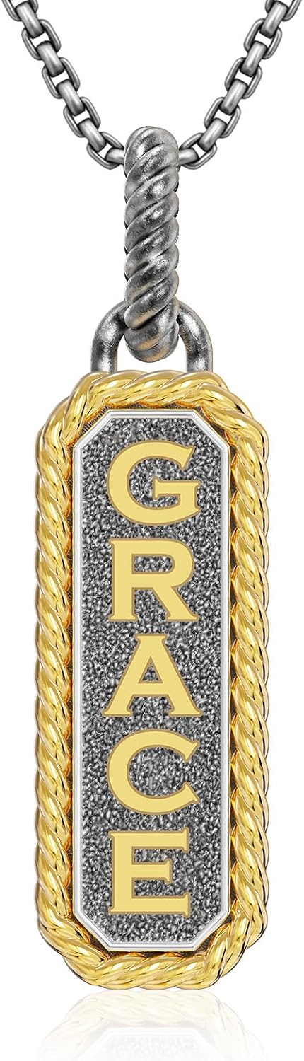 Dog Tag Necklace for Men - 925 Sterling Silver Grace Amulet Oxidized Men Pendant 3D Relief Lettering Symbols Jewelry Gift for Husband Father Boyfriend Son Birthday Father Day Graduation