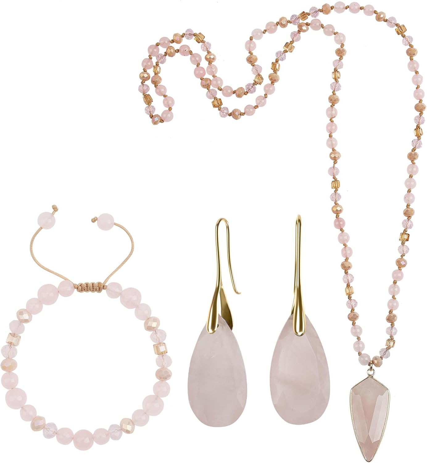 Boho Jewelry Sets for Women | 3 Pcs Natural Amethyst Labradorite Rose Quartz Beaded Long Necklace Wrap Bracelet Dangle Earrings Handmade Vintage
