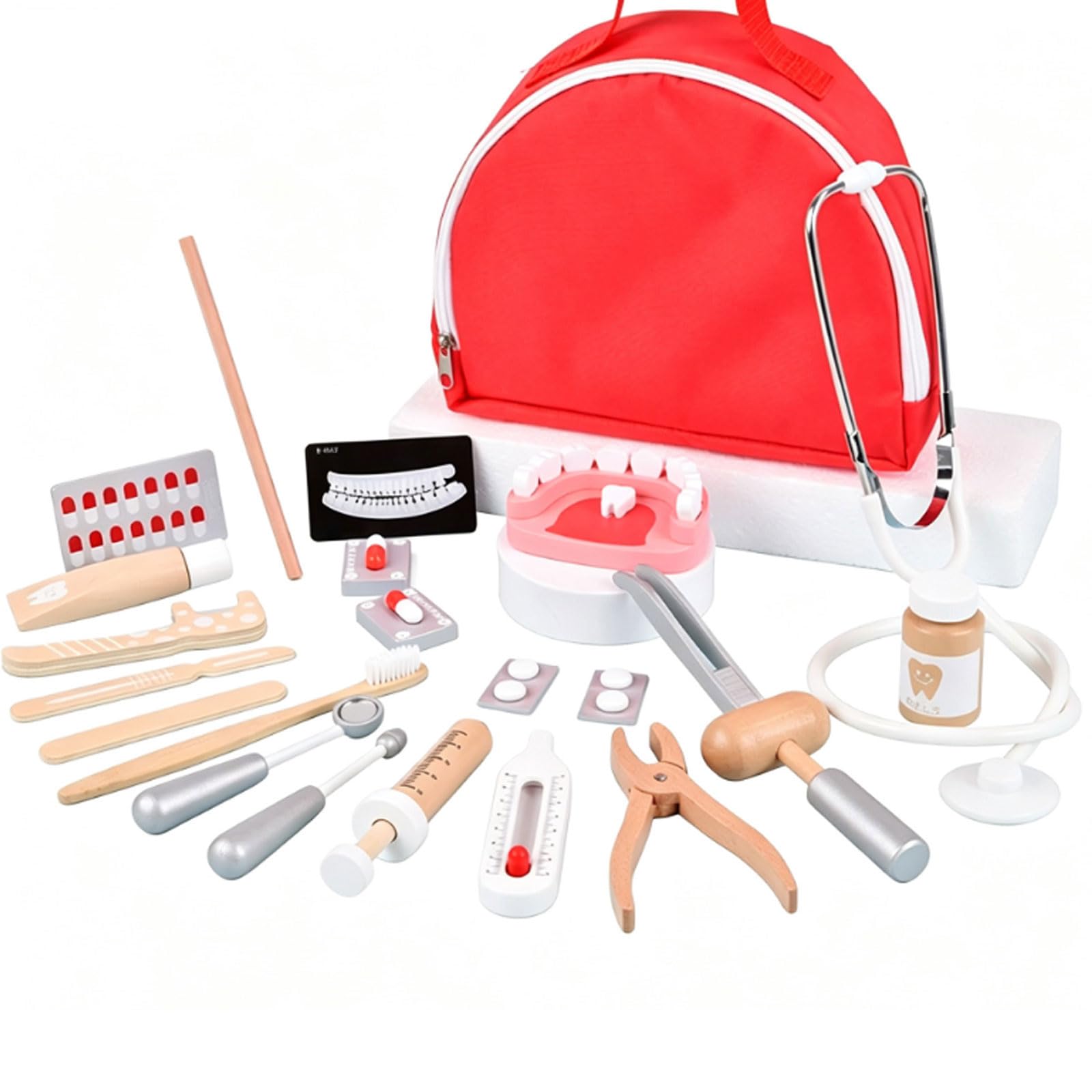 Set da Gioco di finzione Montessori in Legno per Dottore e Dentista | Kit Medico per Bambini con Stetoscopio Reale, Siringa per Iniezioni e Borsa Medicale per la Conservazione