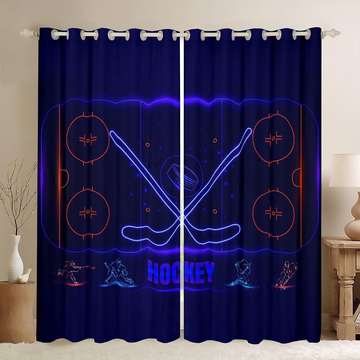Ice Hockey Window Curtains Teens Adult Women,Hockey Sport Player Curtains for Bedroom,Winter Sports Games Draperies for Living Room,Hockey Punk Window Treatment Curtains Set of 2 Panels,42Wx84L