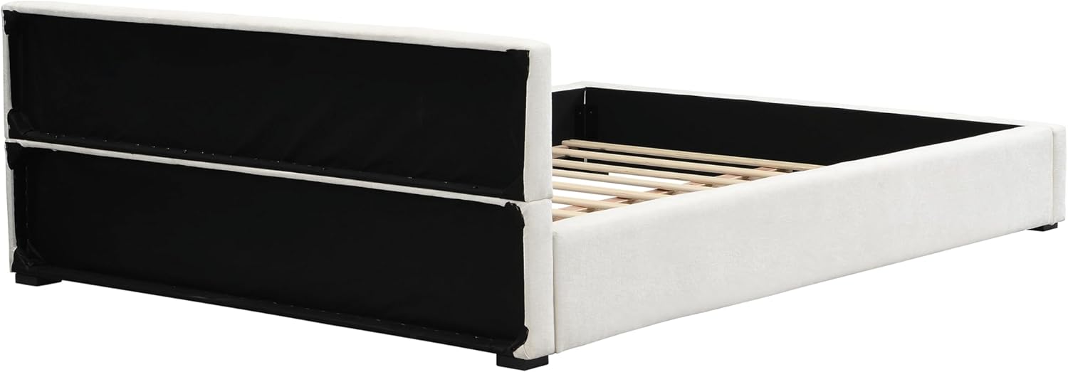 Queen Size Bed, Rectangular Queen Size Headboard, Boucle Headboard and Footboard, Slat Panel Support Platform Bed, No Spring Box Needed, Easy Assembly (Beige Style2)