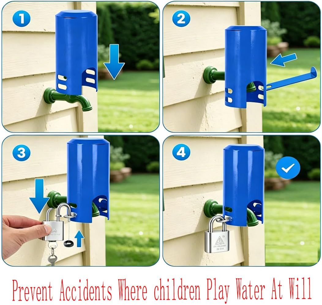 Outdoor faucet lock, hose connector, metal construction, suitable for garden faucets, hose connectors, and water pipes; faucet lock to prevent water theft (blue with padlock) image 5