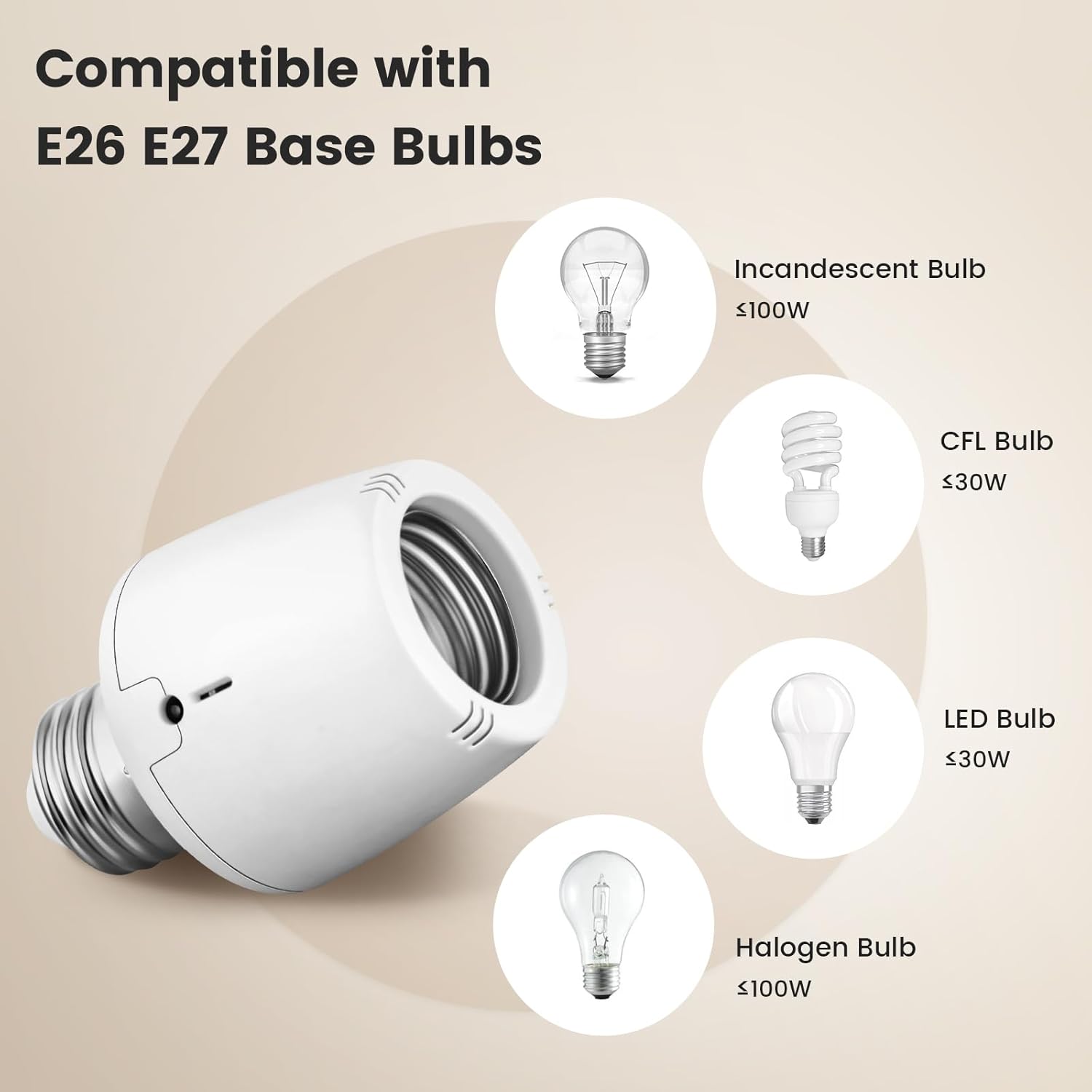 SURAIELEC Dusk to Dawn Sensor Socket, Automatic Light Sensor Socket for for E26/E27 Bulbs, Flame Bulb, Outdoor Lighting Fixtures, Works with LED, CFL, Halogen, Incandescent Bulbs, White, 4-Pack
