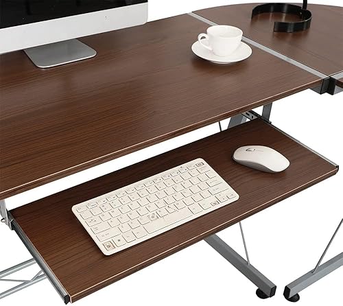 Miniatura 5 de Need Escritorio en forma de L para juegos, escritorio de esquina para computadora con bandeja para teclado y estante elevado para oficina en casa,