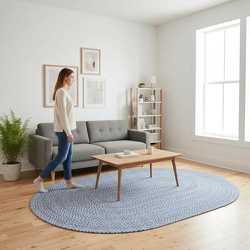 Miniatura 5 de Super Area Rugs Farmhouse - Alfombra trenzada de algodón reversible para cocina, color azul y blanco, 4 x 6 pies, ovalada