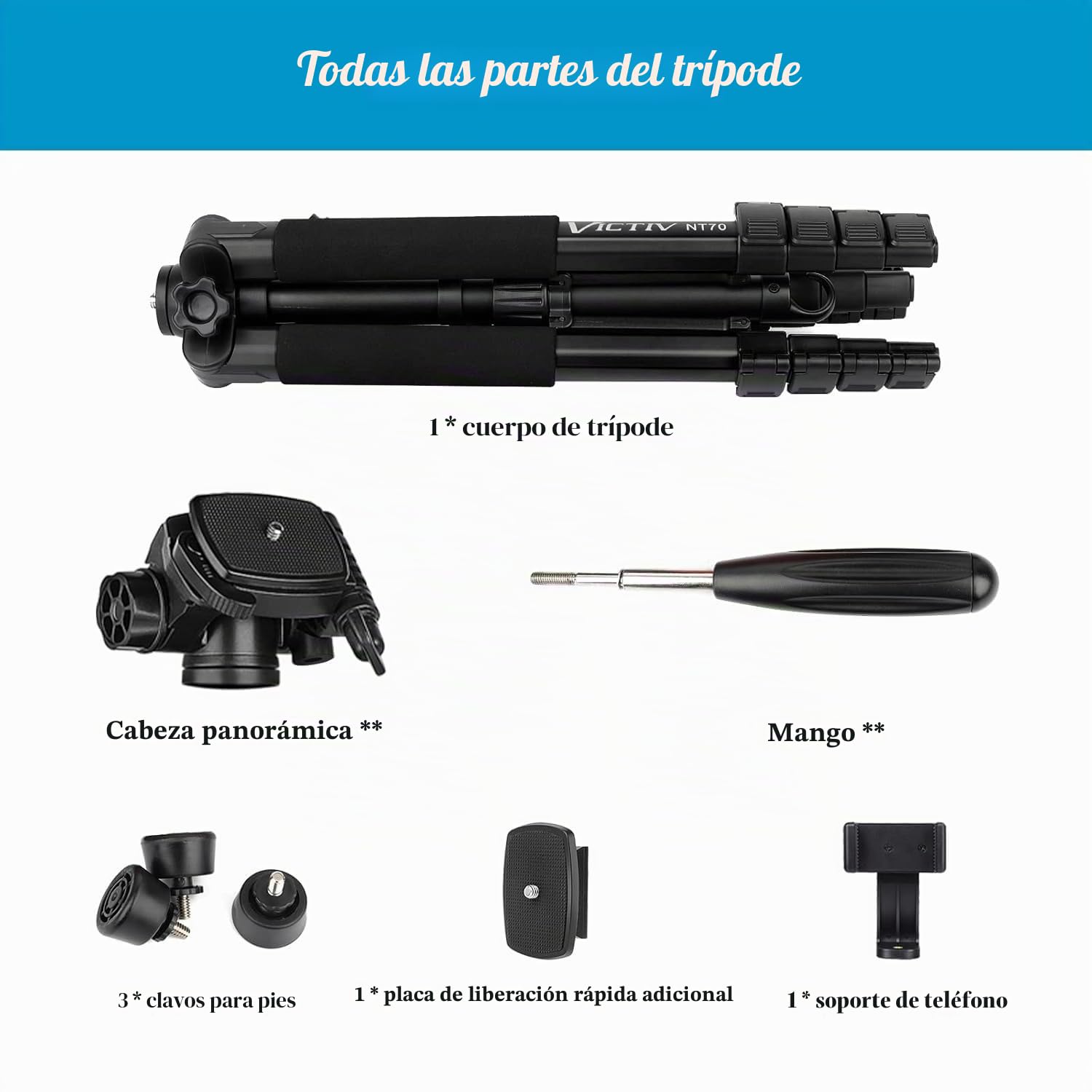 Victiv 185cm Tripode para Movil Alto, Tripode Camara para Nikon Canon Sony de Viaje, Aluminio Premium Trípode Cámara DSLR Reflex con Soporte para Telefono y 2 Placas de Liberación Rápida