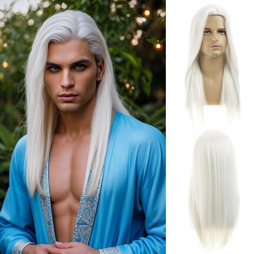 Dsimeig Long Straight White Wigs for Men Synthetic Side Part Heat Resistant Party Cosplay Hair Wig, 22.5 inches