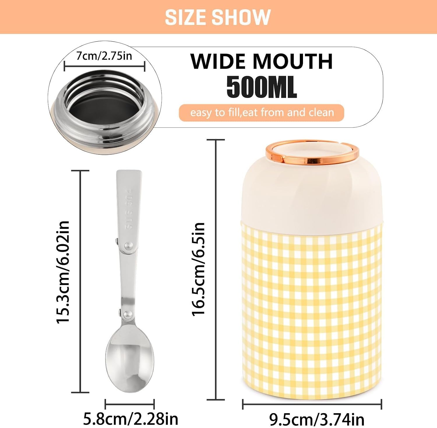 Yellow Gingham Vacuum Insulated Food Jar with Spoon, 17oz Stainless Steel Hot Cold Lunch Container, Wide Mouth Leakproof Soup Thermo for Kids Adults