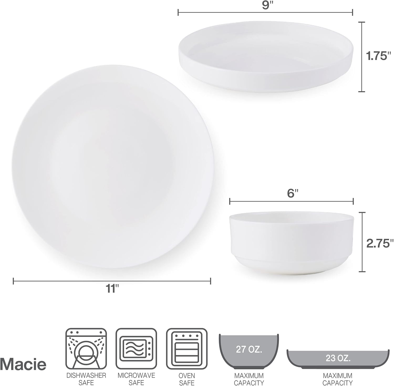 Mikasa Macie Bone China Lightweight Chip Resistant 12 Piece Dinnerware Set, Service for 4, White