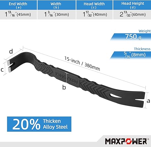 Miniatura 3 de MAXPOWER Juego de 2 barras de palanca, barra de palanca plana resistente de 15 pulgadas y extractor de uñas de 12 pulgadas, cabeza golpeable y