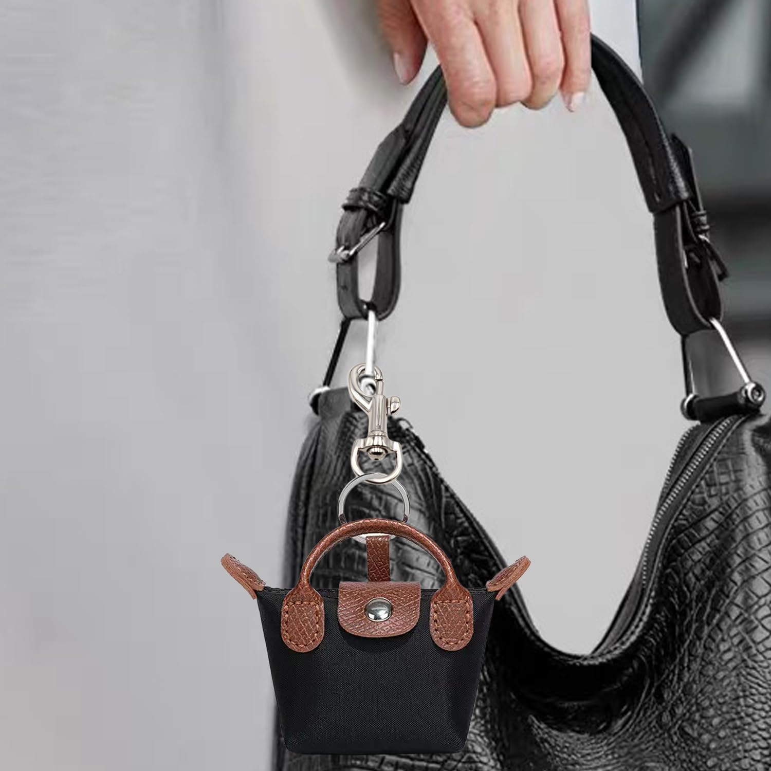 Mini Purse With Keychain， Handbag Cosmetic Bag，Small Pouch Purse Charm Nylon Mini Bag Snap Closure Pouch Portable Travel Storage Bag For Women (black) - Image 4