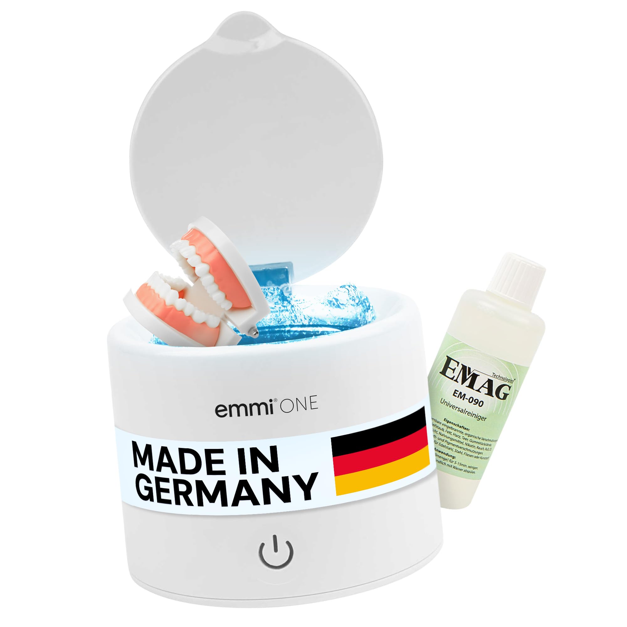 EMAG Emmi-One Ultraschallreiniger 0,2L – Mini Ultraschallbad für Zahnprothesen, Schmuck, Brillen, Uhren, Hörgeräte – 48kHz – inkl. EM-090 Reinigungskonzentrat – Kompakt & leise – 5 Min Timer