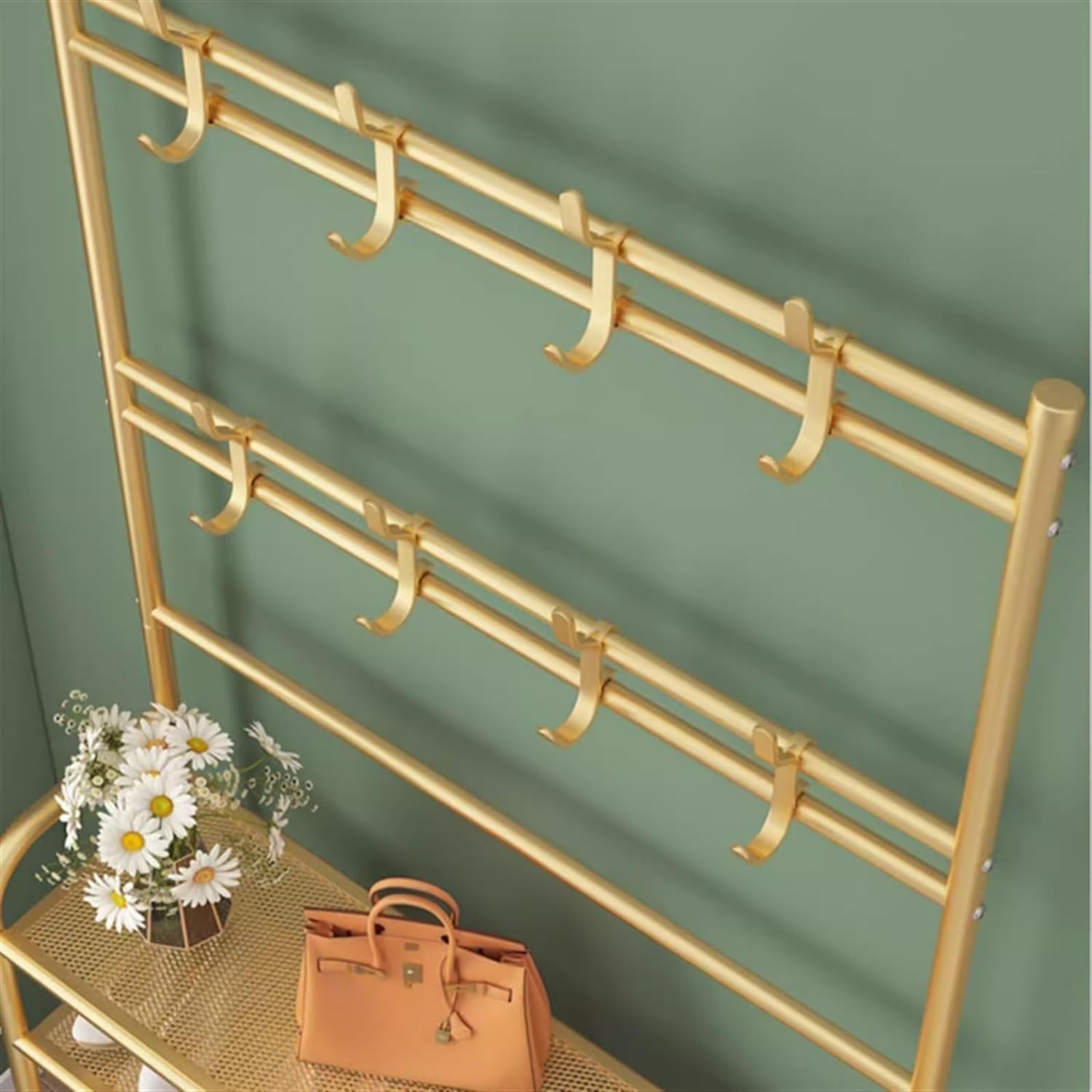 Shoe Storage Shelf 5-Tier Entryway Coat and Shoe Rack, Modern Coat Rack, Lightweight Metal Shoe Rack Organizer with Double Row Hooks for Bedroom Hallway Office(Color:Gold,Size:5-Layers 60cm) (Gold 5)