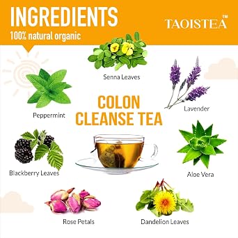TAOISTEA Colon Cleanse Tea, Herbal Tea Blend with Senna, Peppermint, Dandelion Aloe Vera, Improve Digestive Health and Gental Gut Cleanse - 14 Bags