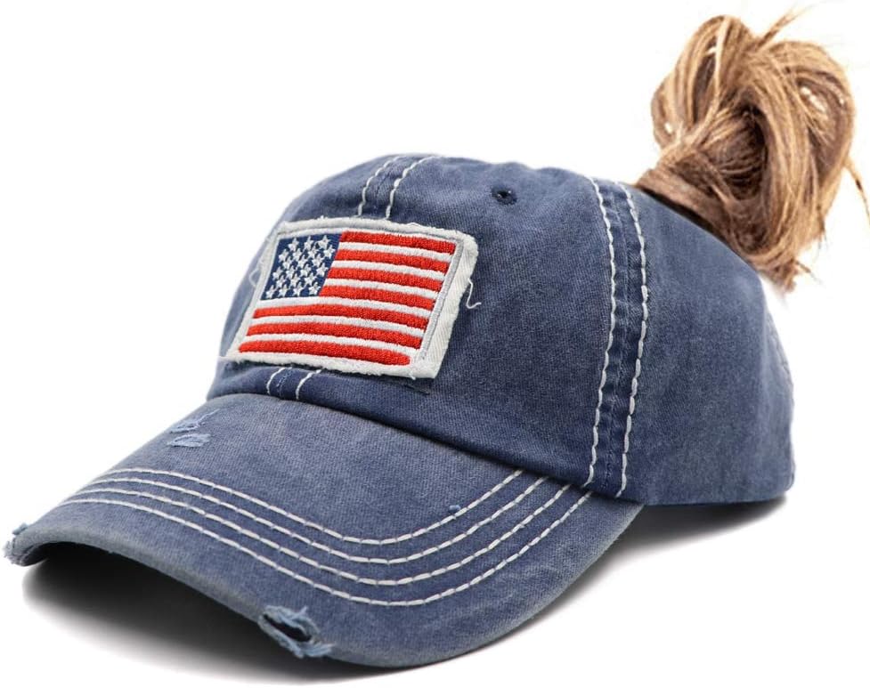Nimizo Lvaiz Womens Distressed Ponytail Baseball Caps Low Profile America Flag Messy High Bun Hat Pony Dad Hat