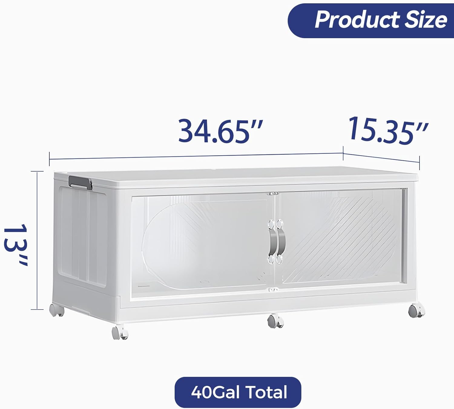 40Gal Collapsible Storage Bins with Door, Wheeled Plastic Cabinet Organizer, Extra Large Stackable Closet Bin with Lid for Bedroom, Home Organization White, 1-Pack