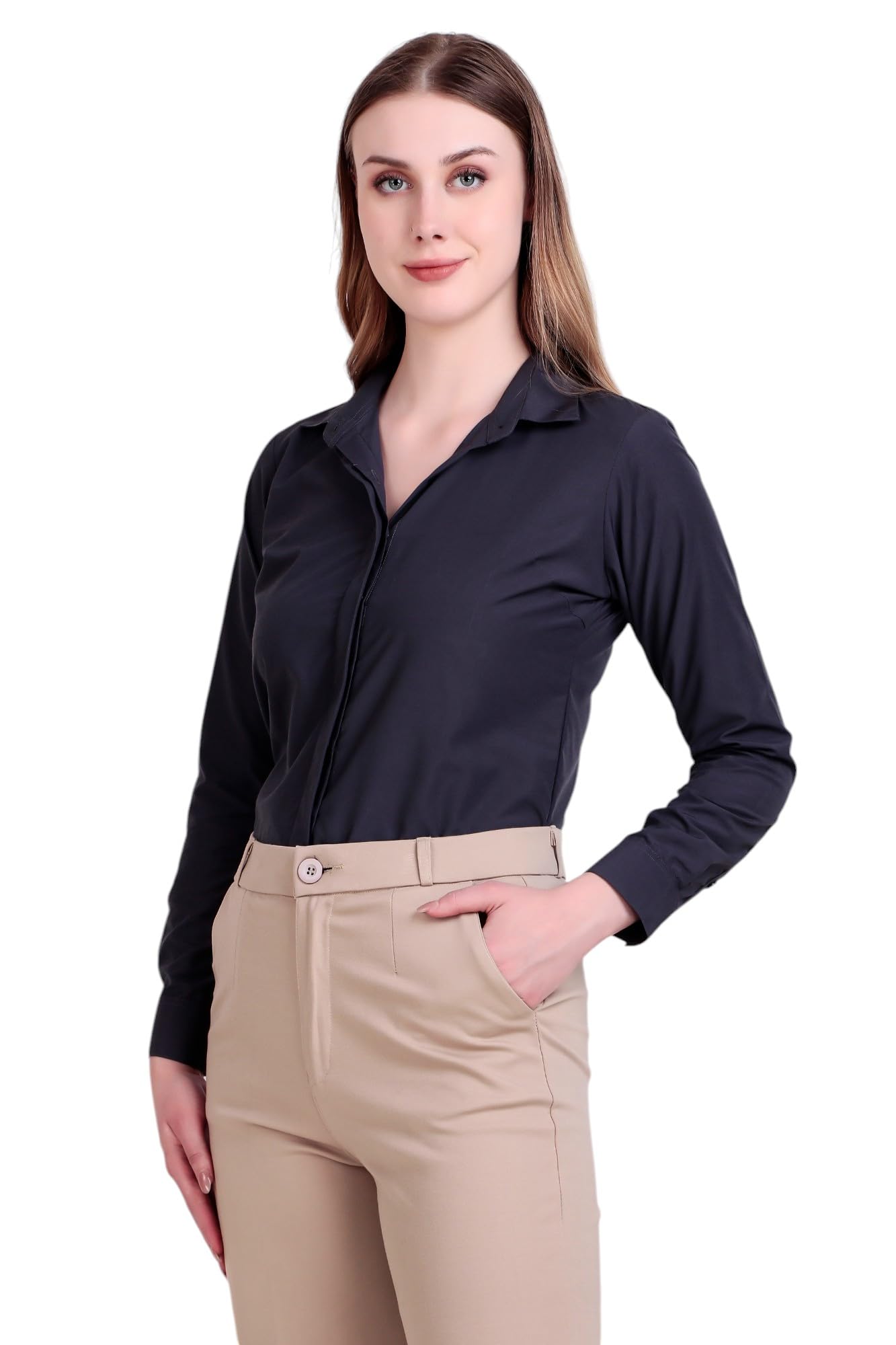 Women's Regular Fit Solid Spread Collar Full Sleeve Rich Cotton Opaque Formal Shirt-image-24