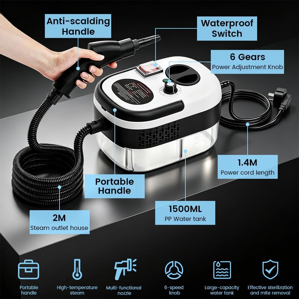 Handheld High Pressure 1.5L Steam Cleaner,6-Level Adjustable Portable Steamer for Cleaning with Water Tank and 9pcs Accessories for Deep Cleaning, for Car, Couch, Grout, Tile & Floor
