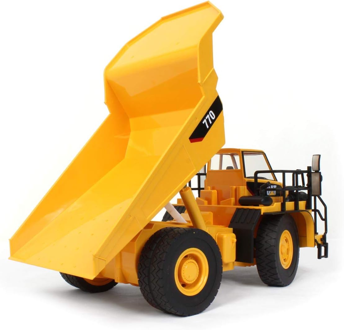 Rear view of the Diecast Masters Caterpillar 770 Mining Truck with dump bed raised