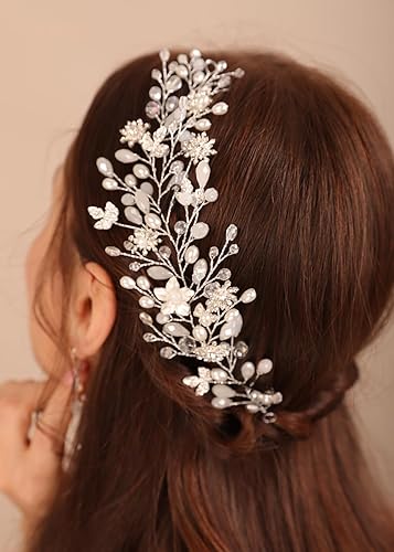 Miniatura 3 de Nupcial plata flor hojas pelo vid perlas perlas perlas cristal tocado plata boda accesorios para el pelo para mujeres nupciales y niñas