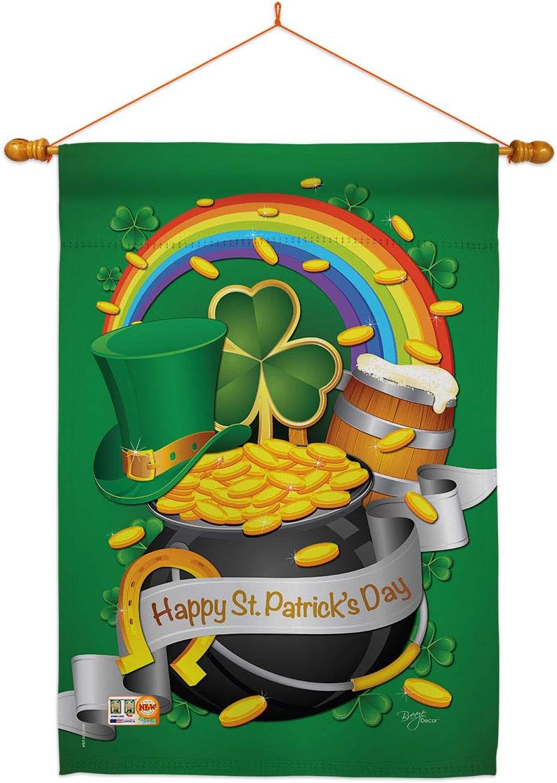 Breeze Decor Happy St Patricks Day House Flag Dowel Set Springtime Patrick Shamrock Leprechaun Lucky Coin Holiday March Irish Clover Small Decorative Gift Yard Banner Double-Sided Made in USA 28 X 40
