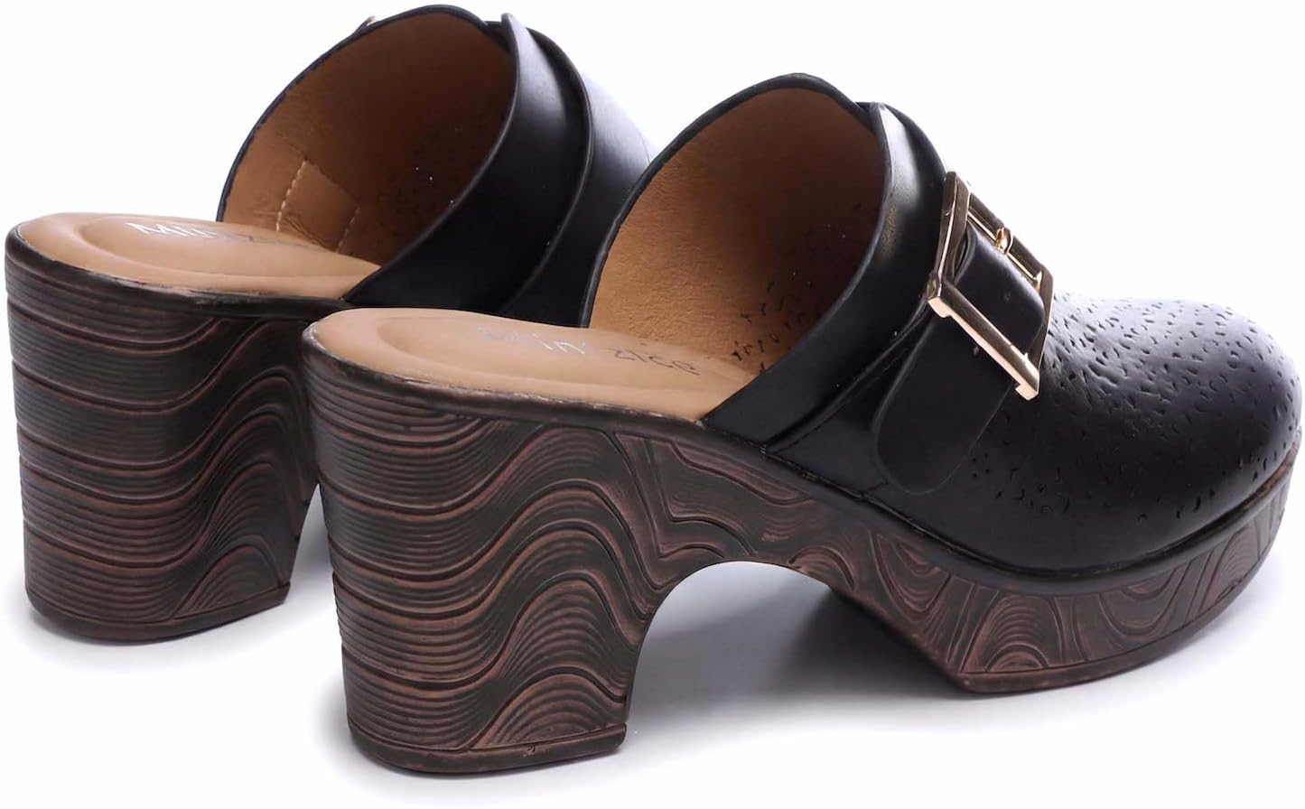 Mintzice Women's Hollow Out Low Block Chunky Heels Adjustable Buckle Slip On Wood Grain Open Back Mule Clogs