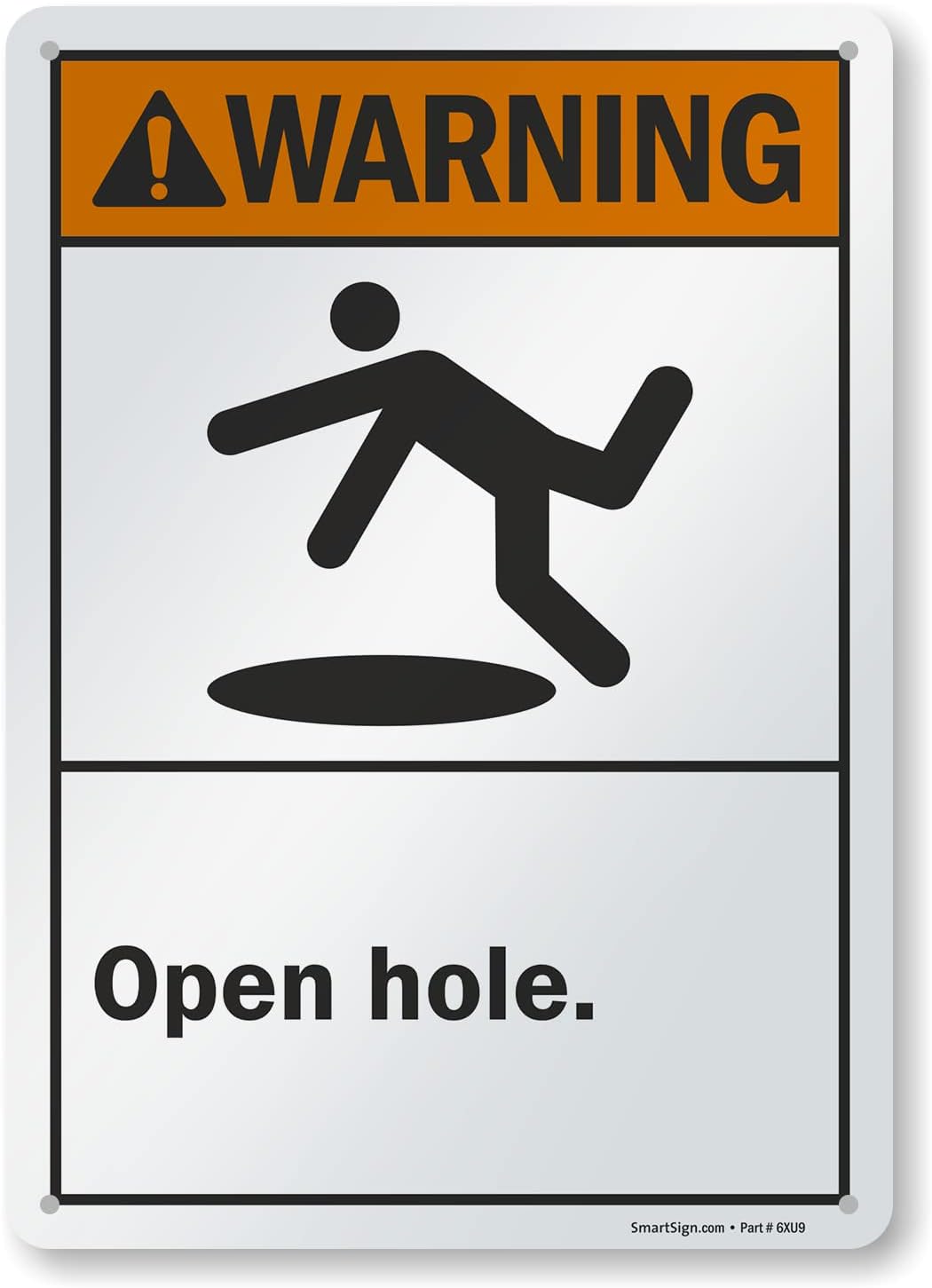 SmartSign 14 x 10 inch “Warning - Open Hole” ANSI Metal Sign with Trip Hazard Symbol, 40 mil Laminated Rustproof Aluminum, Orange, Black and White