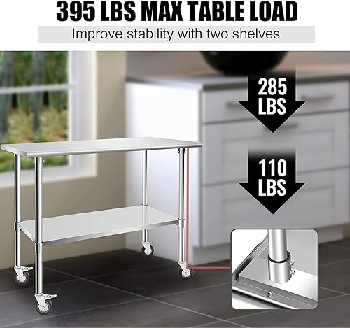 Miniatura 7 de Hasopy Mesa de acero inoxidable, mesa de trabajo de 30 x 18 pulgadas con ruedas, 2 estantes, mesa de preparación de metal para cocina comercial,