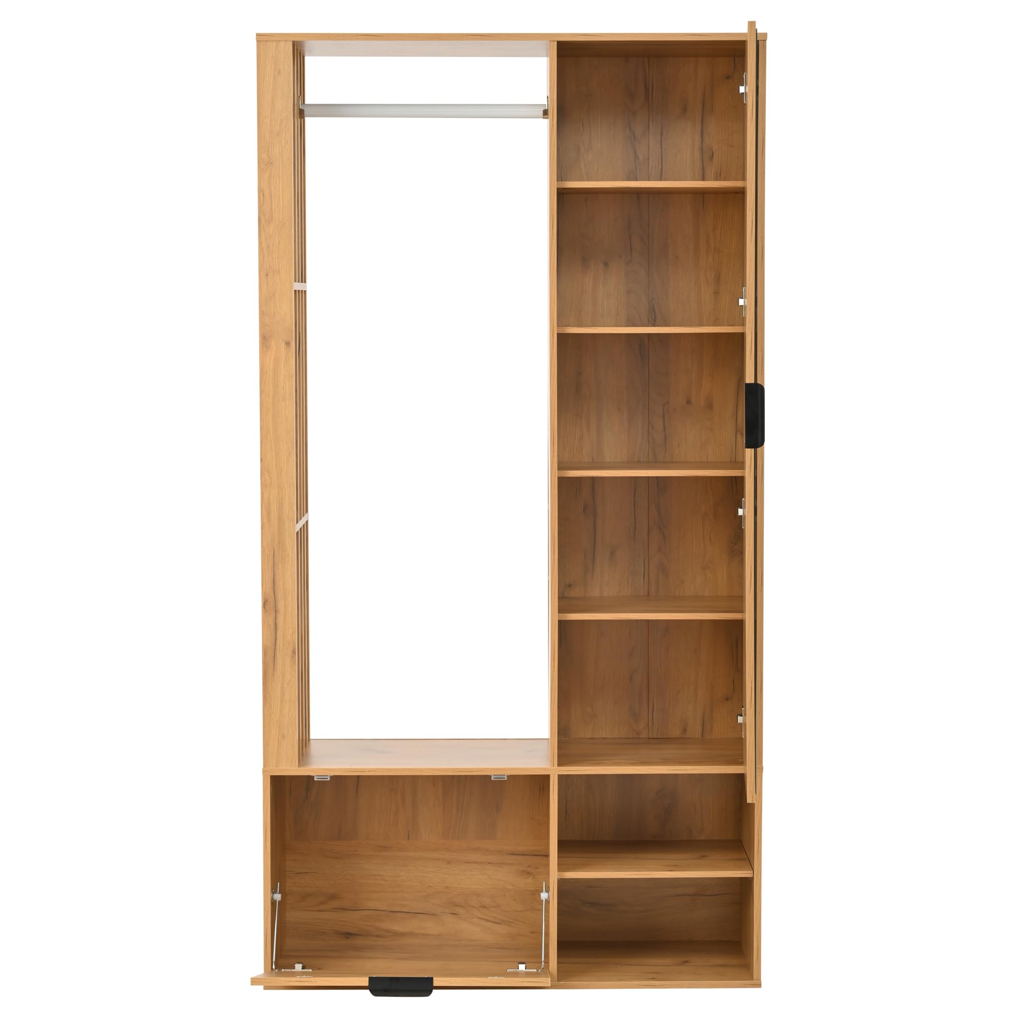 MURUL Armario 6 en 1, 100 x 33 x 190 cm, natural, con espejo, tendedero y puerta, armario de pasillo de 100 cm de ancho para colgar abrigos