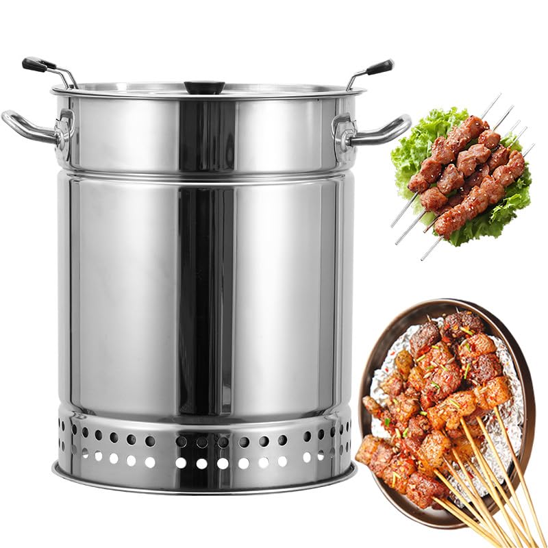 PASPRT Parrilla de carbón Envolvente de Barbacoa sin Humo de Acero Inoxidable, Barril de Parrilla de ahumador de carbón Vertical portátil con 20 brochetas y Juego de Accesorios