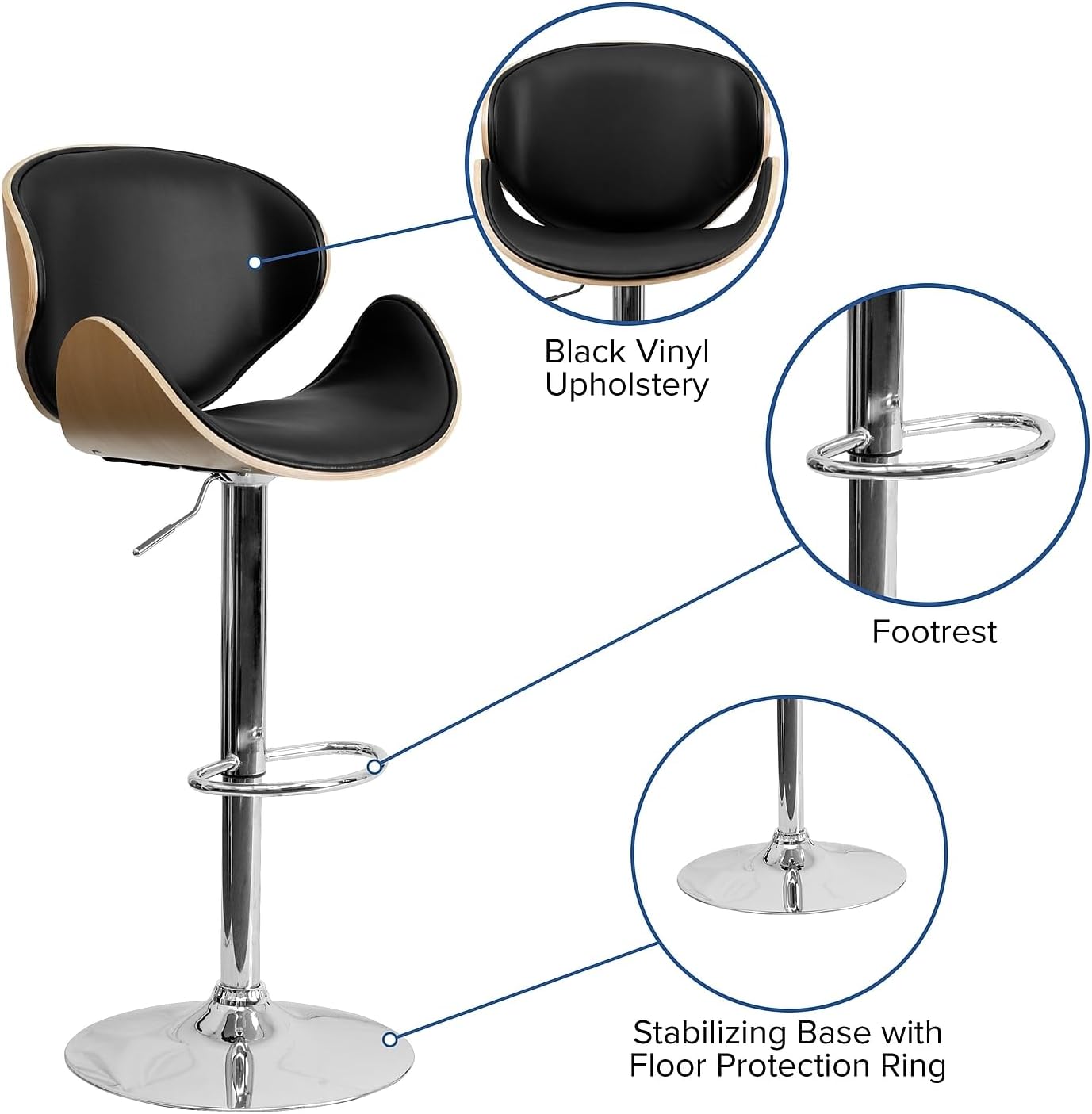 Flash Furniture Farley Beech Bentwood Adjustable Height Barstool with Curved Back and Black Vinyl Seat