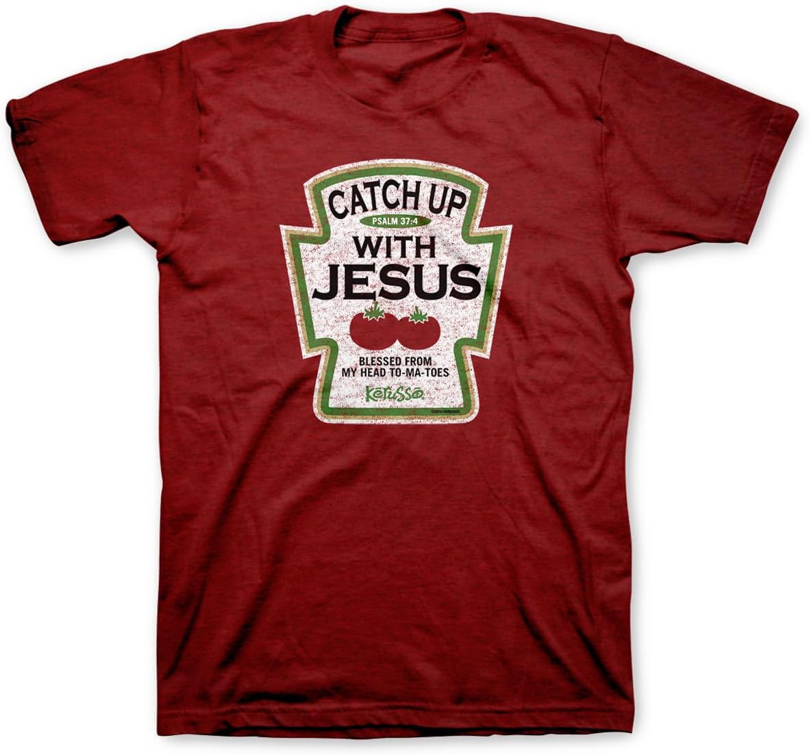Catch Up with Jesus Blessed from My Head to-Ma-Toes Ketchup Antique Cherry Red Cotton Crew Neck T-Shirt, Small