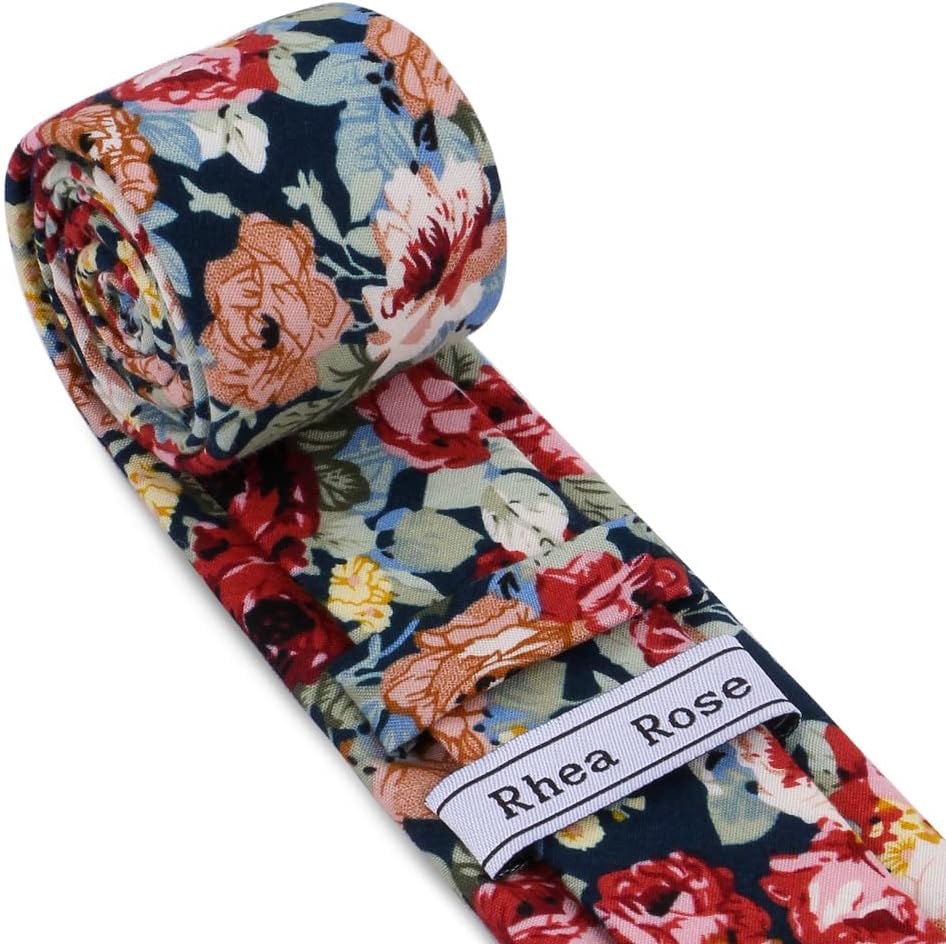 Floral Ties for Men with Pocket Squares Set 2.56'' Printed Skinny Cotton Necktie