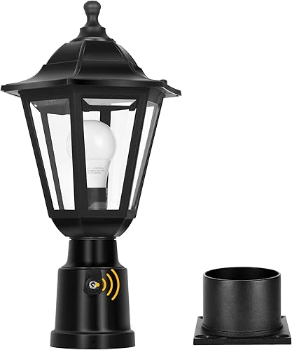FUDESY Luz de poste con sensor de atardecer a amanecer, farol de poste impermeable con base de montaje en muelle, lámpara de plástico exterior, para