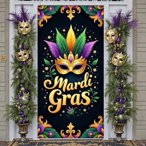 Mardi Gras Door Cover Decorations, Carnival Masquerade Door Banner New Orleans Mardi Gras Hanging Door Porch Banner for Fat Tuesday Carnival Indoor Outdoor Party Decorations Supplies 70x35Inch by Yomaiha - Image 2