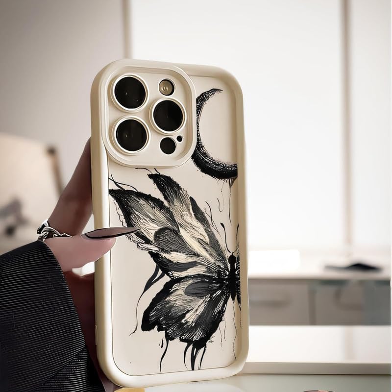 Image of COVERLY Grunge Butterfly Back Case Cover for iPhone 12 Pro | Hot 3D Monochrome Moon Cute Design | Camera Lens Protection | Soft TPU Silicone Aesthetic Print Cover for Girls & Women (Beige, Shockproof)