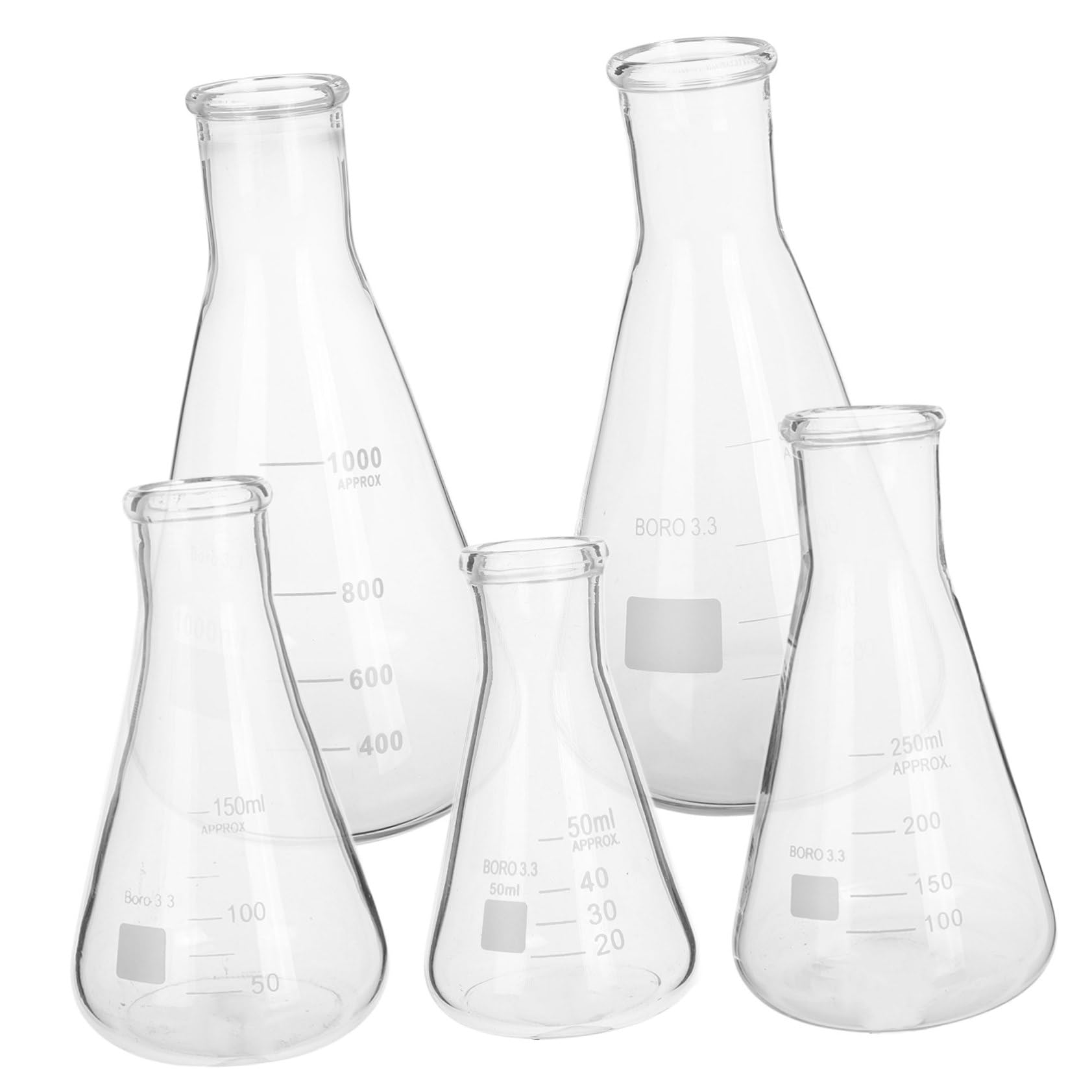 Zerodeko Matraces Erlenmeyer Juego de 5 de Vidrio de Borosilicato y Diseño Cónico Base Triangular, Capacidad Variada para Experimentos de Laboratorio y Química