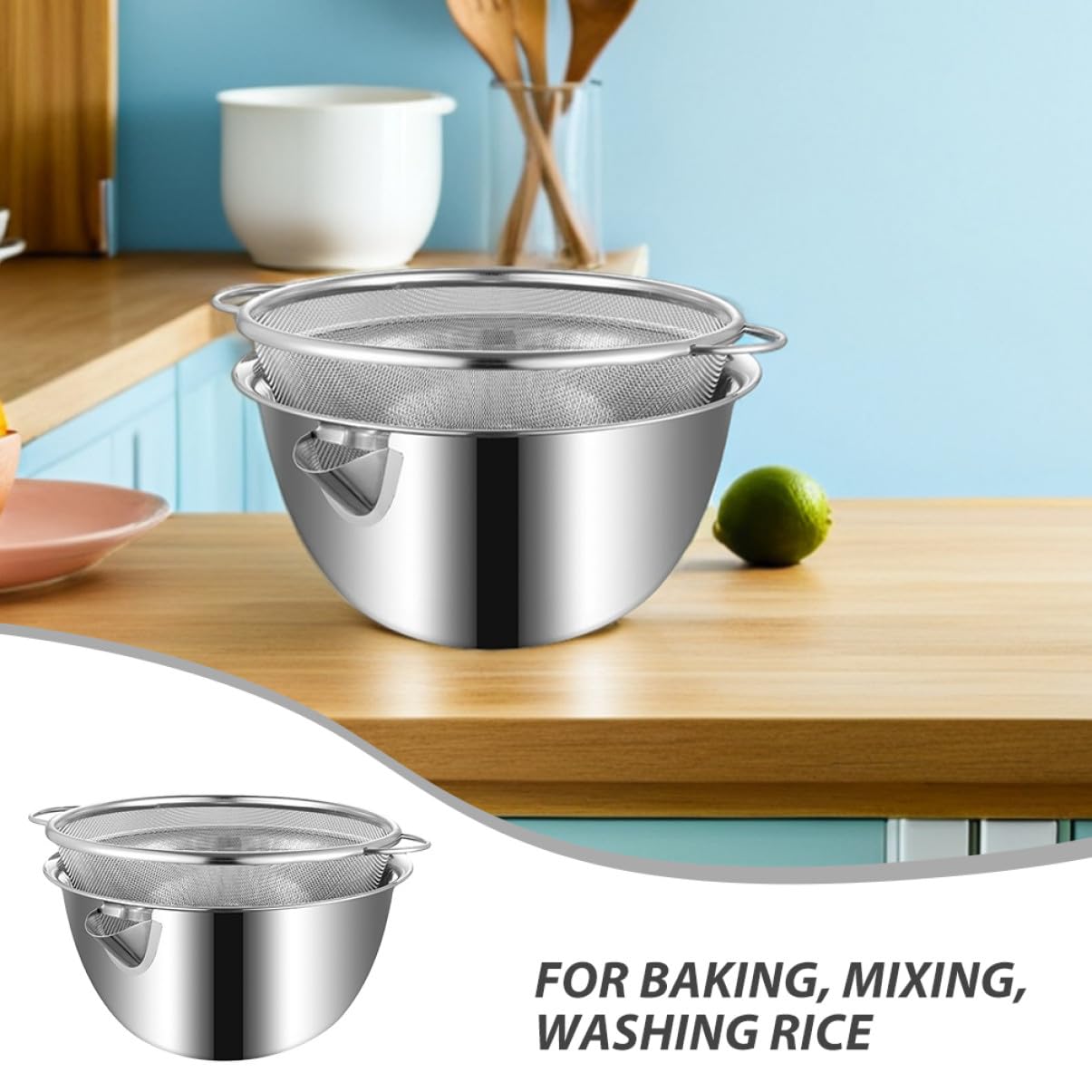 Colador de Arroz de Acero Inoxidable, 1 Juego, Plata | Lavado de Verduras y Limpieza de Fruta, Función de Drenaje Integrada, Diseño Multipropósito y Ahorro de Espacio