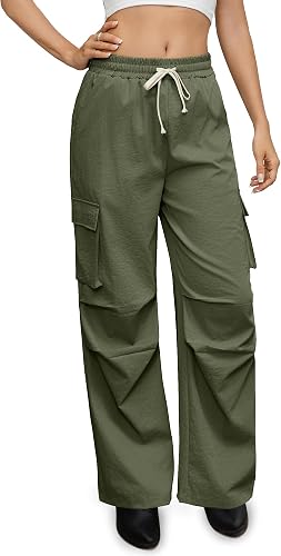 CAENP with 4 Pockets Womens High Waisted Wide Leg Cargo Pant
